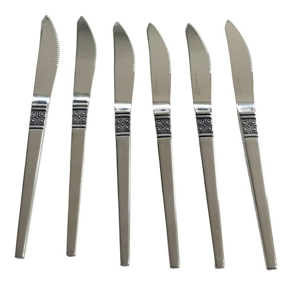 Vintage Ekco Eterna Gemini Dinner Steak Knives Japan MCM Scroll Set of 6 - Picture 5 of 5